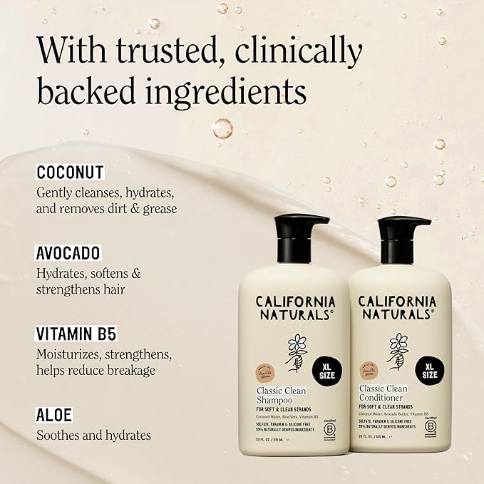 California Naturals Classic Clean Vanilla Bloom Shampoo & Conditioner Set, Natural, Vegan, Cruelty, Silicone, Paraben, and Sulfate Free Shampoo, All Hair Types, 20 Fl Oz (Pack of 2)
