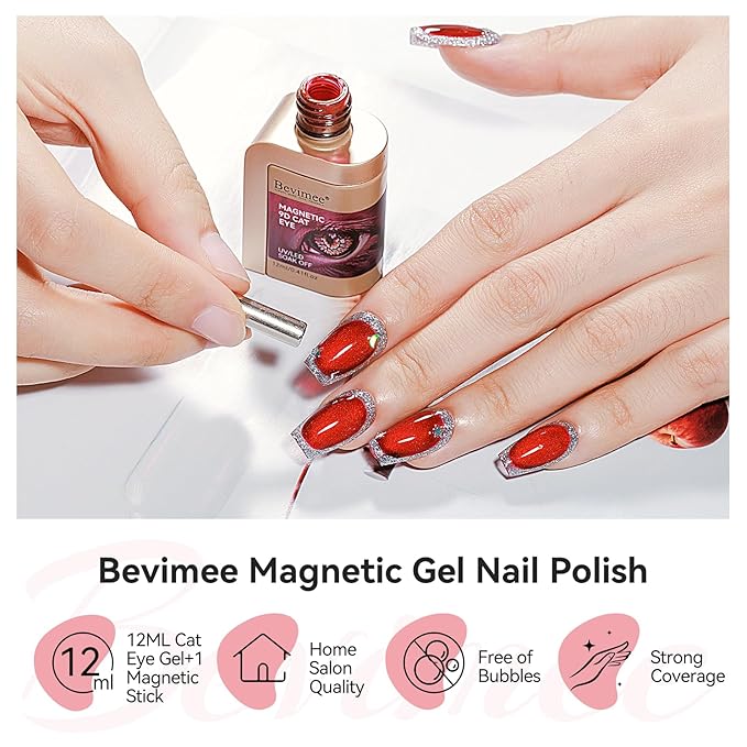 Cat Eye Gel Nail Polish, Red Glitter Magnetic Gel Polish UV Glitter Holographic, Cateye Gel Polish With Magnet Shimmer Manicure Salon DIY Home, 12ML