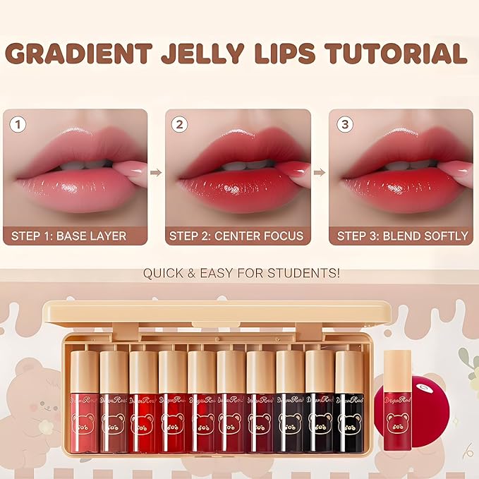 Eakroo 10 Colors Lip Tint Stain Set, Korean Lip tint, Lip Gloss for Women, Lip Gloss Set, Lip Oil Stain, Cute Stuff, Lip Stain Long Lasting Waterproof, Non-Stick Cup, Vivid Color, Lip Color Makeup