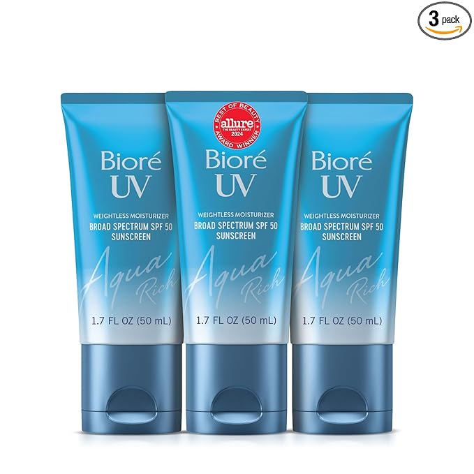 Biore UV Aqua Rich SPF 50 Moisturizing Sunscreen for Face, Oxybenzone & Octinoxate Free, Dermatologist Tested, Vegan, Cruelty Free, For Sensitive Skin, 1.7 Oz, Pack of 3,White
