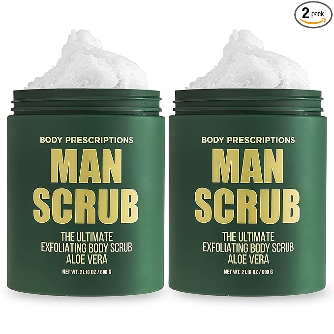 Body Prescriptions Men’s Exfoliating Body Scrub – Ultimate Skin Cleansing Wash in Jar with Twist-Top Lid, For All Skin Types, 21 Ounce (Pack of 2), Aloe Vera