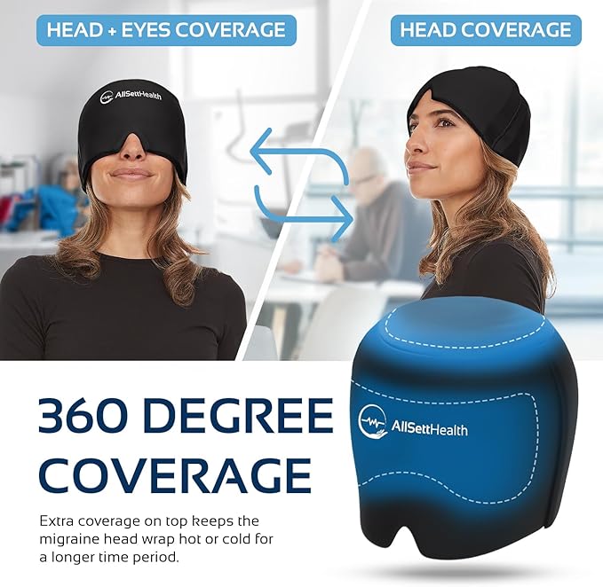 2 Pack - Migraine Relief Cap Ice Head Wrap and Hat | Hot/Cold Gel Pack with Face and Eye Mask Compress for Headache Relief - Black 2 Pack