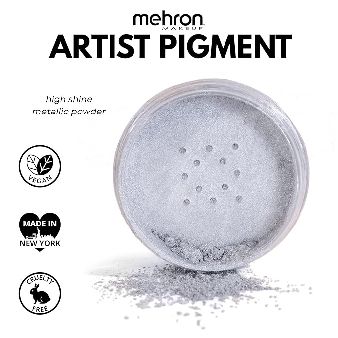 Mehron Makeup Artist Pigment – Metallic FX Powder | Metallic Powder Pigment for Face & Body Paint, Eyeshadow & Eyeliner, Cosplay .15 oz (4.1 g) (Silver) | Made in the USA