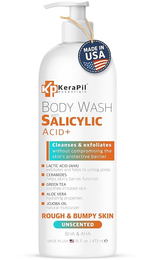 KERAPIL Exfoliating Body Wash With Salicylic Acid - Gentle Exfoliates Rough and Bumpy Skin, KP and Acne, with BHA & AHA - Unscented Body Wash, Made in USA - (16 fl oz)