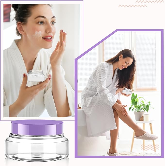 Tessco for you 24 Pack Plastic Jars with Lids Labels Multiuse Slime Containers Empty Body Scrub Jars Round Refillable Cosmetic Body Butter Container for Makeup (5 oz,Clear,Purple)