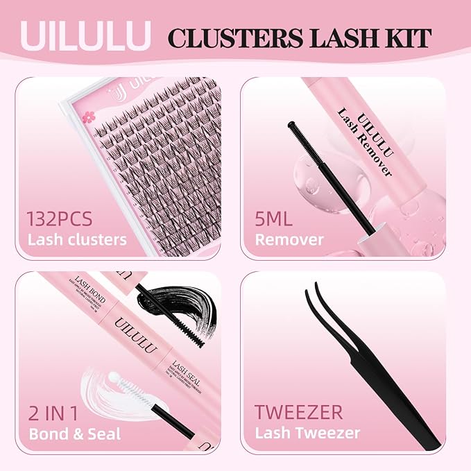 Uilulu Lash Clusters Kit 10-18mm Wispy Lash Clusters D Curl False Eyelash Clusters, DIY Lash Extension Kit with Lash Bond & Seal, Lash Glue Remover, Lash Tweezers
