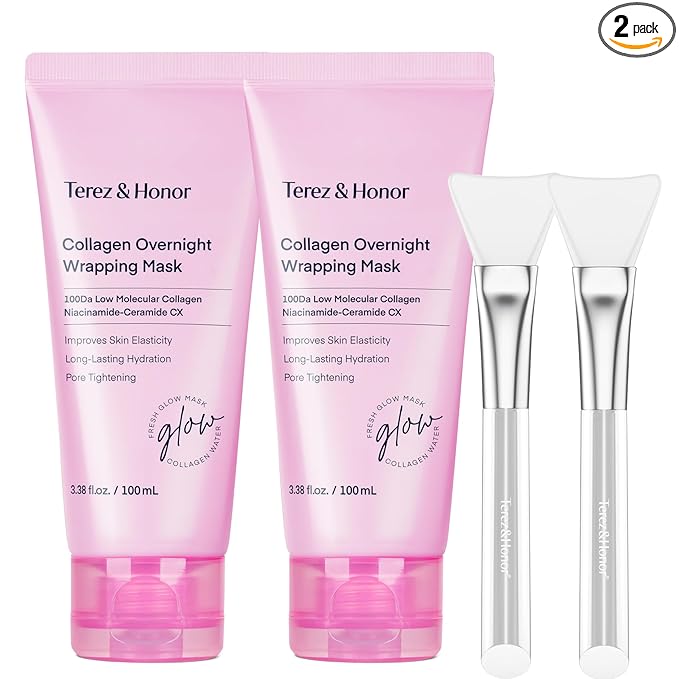 TEREZ & HONOR Collagen Night Wrapping Peel Off Mask: Korean Face Mask for Elasticity, Hydrating & Glow - 100Dalton Smallest Molecular Collagen, Dermatologist Tested, 3.4 FL OZ 2 Pcs