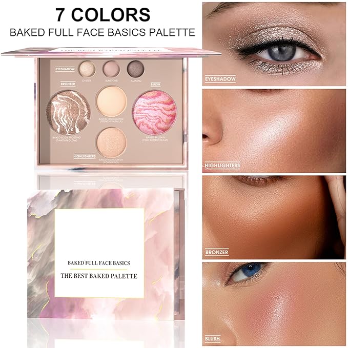 All in One Baked Makeup Palette, Full Size Makeup Set with 3 Eyeshadows, Bronzer, Blush, Matte & Shimmer Highlighter For Women Girls, Travel-Friendly Compact
