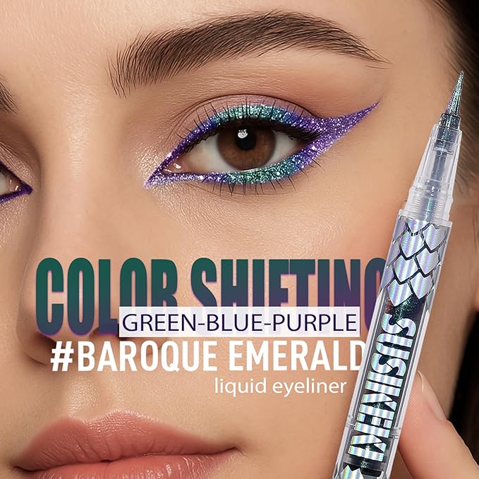 SUSIKEKI Chameleon Liquid Eyeliner, Green Purple Color Shifting Metallic Shimmer Eye Liner, Waterproof Long Lasting Duo-Color Glitter Eye Makeup Pen, #2 Baroque Emerald