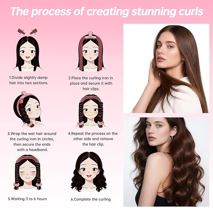 heatless curls overnight hair curlers to sleep in Silk Curl Rod Headband for Long Hair Foam Curly Ribbon Styling Tool (Pink，Satin)