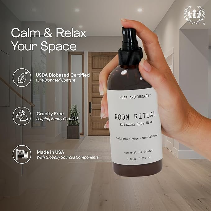 Muse Apothecary Room Ritual - Aromatic and Relaxing Room Mist, Infused with Natural Essential Oils - 4oz, Tonka Bean + Amber + Warm Cedarwood - 2 Pack