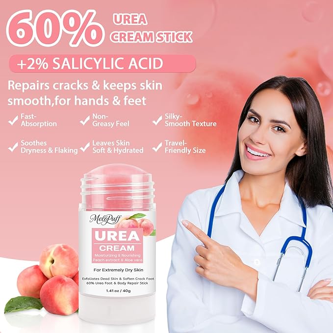 60% Urea Cream plus 2% Salicylic Acid - Maximum Strength Foot & Hand Cream Stick for Dry Cracked Heels, Callus Remover, Dead Skin Exfoliator & Moisturizer with Peach Scent - 1.41oz