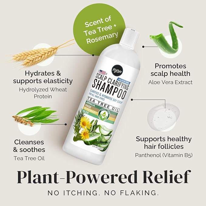 Puriya Tea Tree Clarifying Shampoo. Plant Rich Dry Itchy Scalp Relief, for Kids, Adults, Sulfate Free, No Harsh Chemicals Seen in Dandruff Treatment, Seborrheic Dermatitis, Psoriasis Shampoo, 16 oz