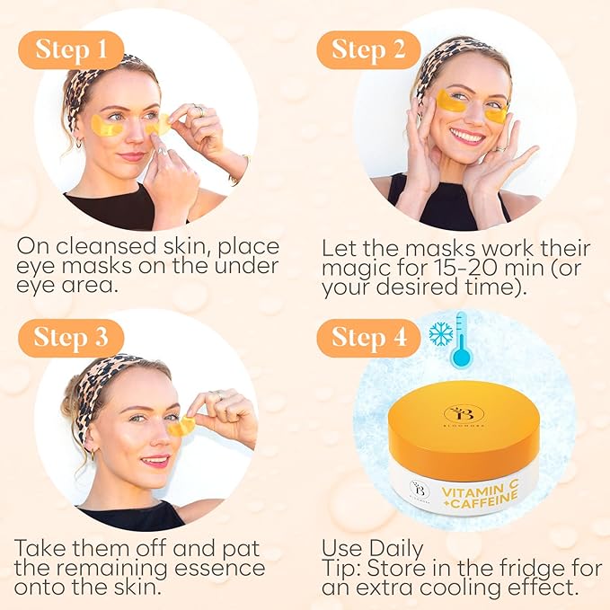 BLOOMORA Vitamin C & Caffeine Under Eye Patches (30 Pairs), Under Eye Mask for Puffy Eyes, Appearance of Dark Circles, Smoothing & Hydration, Self Care & Skincare Gifts for Women, Patch Yeux