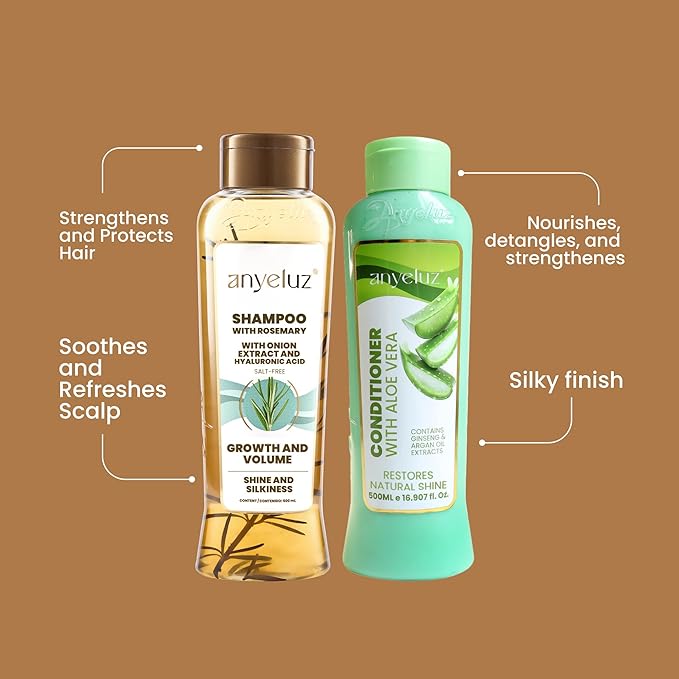 ANYELUZ Rosemary Shampoo and Aloe Conditioner Set, Volume and Hydration for your Hair, with Hyaluronic, Argan Oil and Rosemary, Moisturizes and Enhances Shine