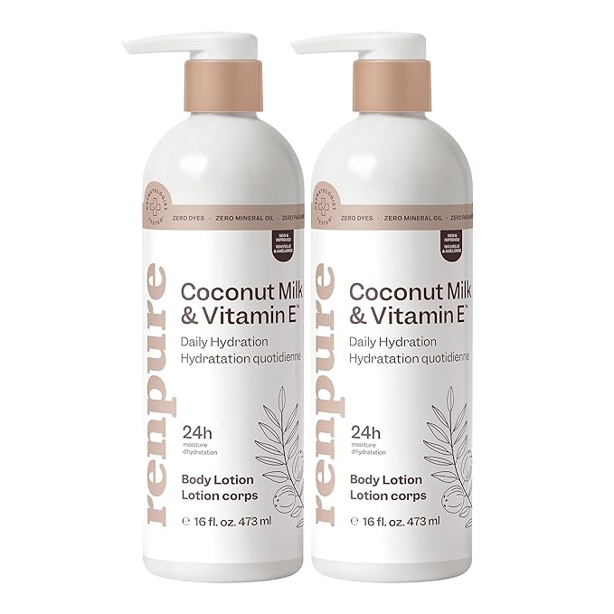 Renpure Coconut Milk & Vitamin E Hydrating Body Lotion – 24HR Moisturization – Lightweight Daily Hydration – For All Skin Types – Coconut Oil & Vitamin E – 16 Fl Oz Each, 2 Pack