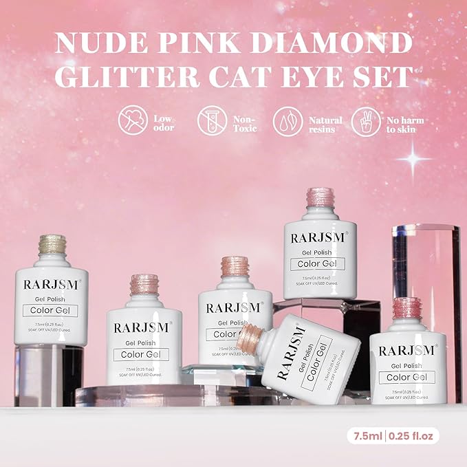 RARJSM Moonlight Silky Diamond Cat Eye Gel Nail Polish Set 6 Colors Nude Purple Pink Champagne Orange Red Sparkle Cateye Glitter Gelpolish with Magnet Stick Curing Requires Home Salon