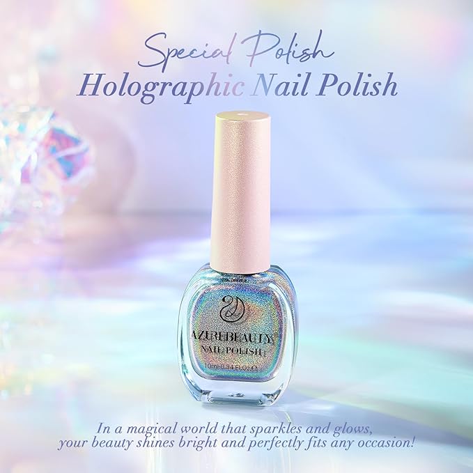AZUREBEAUTY Holographic Nail Polish no Gel Fast Drying Silver Iridescent Natural Nail Lacquer High Shine DIY Salon Home Women Gifts 10ml
