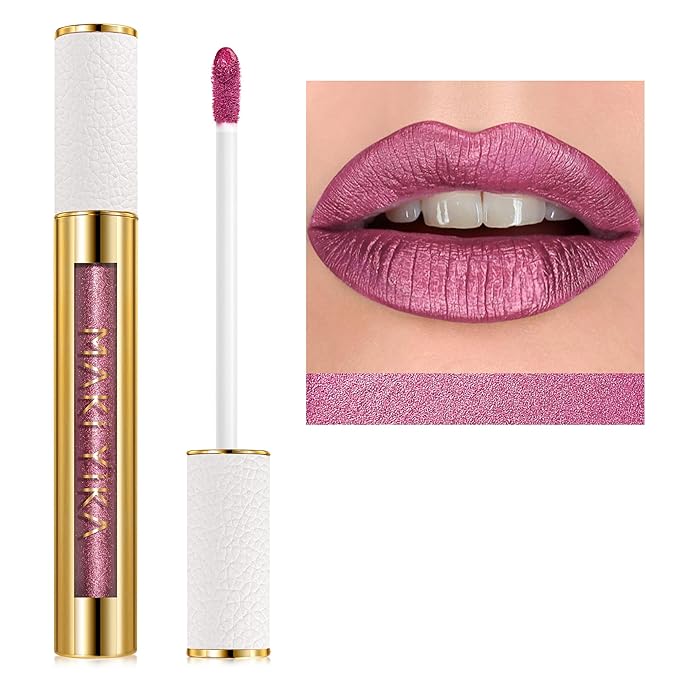 MAKI YIKA Metallic Pink Lipstick Long Lasting Hot Pink Lipsticks for Mother Women High Shine Glitter Lipstick No Smudge Transferproof Liquid Lip Gloss (BR01 Love Story)