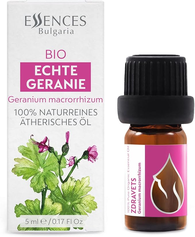 Essences Bulgaria Organic Zdravets Essential Oil 1/6 Fl Oz | 5ml | Geranium macrorrhizum | 100% Pure and Natural | Undiluted | Therapeutic Grade | Family Owned Farm | Steam-Distilled | Non-GMO | Vegan