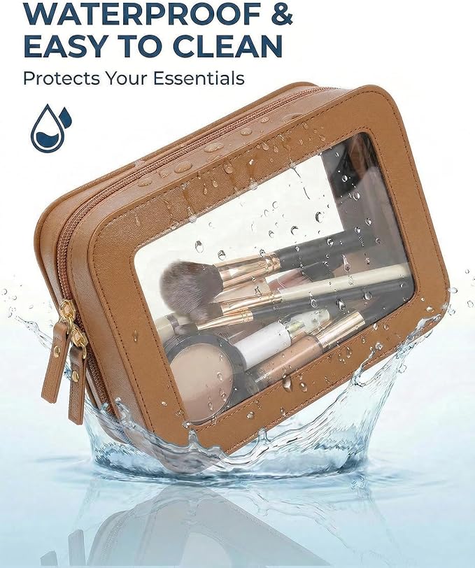 LETGO Clear Makeup Bag Organizer Set, Travel Toiletry Bag Cosmetic Case for Women, Portable Make up Skincare Pouch Car Organizer Bag with Zippers for Essentials (2Pack-Standard & Square, Brown)
