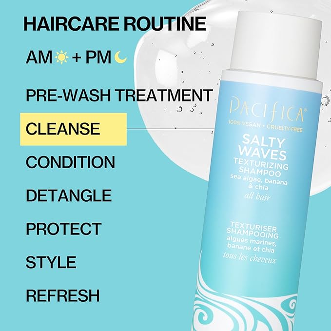 Pacifica Salty Waves Texturizing Shampoo - Beachy Textured, Messy Look, Hair Styles - Moisturizing Hair Care w/Vitamin B & E - Banana Scent Clean Beauty Vegan & Cruelty-Free Dermatologist Tested