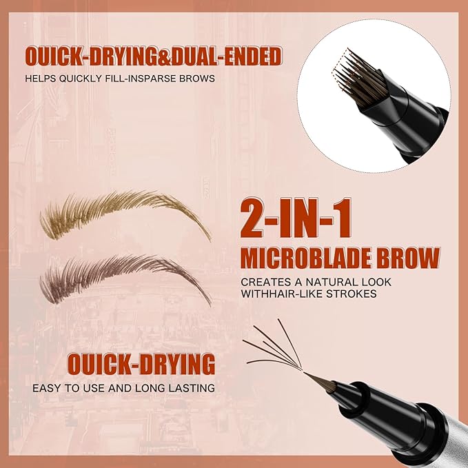 4D Double-Ended Eyebrow Pen, Hair-Like Brush Tip, Waterproof Brow Tint with Soft Nib, Available in 5 Natural Colors (1#Light Brown)