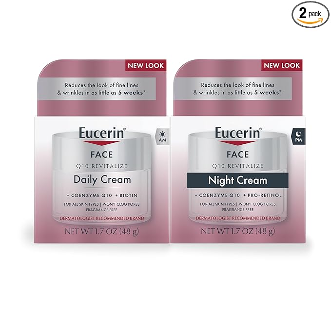 Eucerin Q10 Skin Care Set, Anti Wrinkle Daily Face Cream with Biotin (1.7 Oz) + Anti Wrinkle Night Cream with Pro-Retinol (1.7 Oz), Fragrance Free Face Moisturizer for All Skin Types