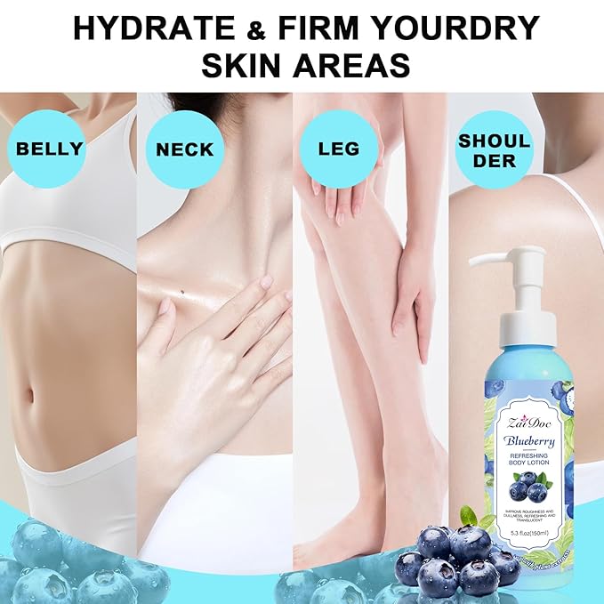 Body Lotion, 24hr Moisturizing & Deep Hydration, Absorbs Instantly Moisturizer for All Skin Types, 5.3 fl oz (1 Pack, Blueberry)
