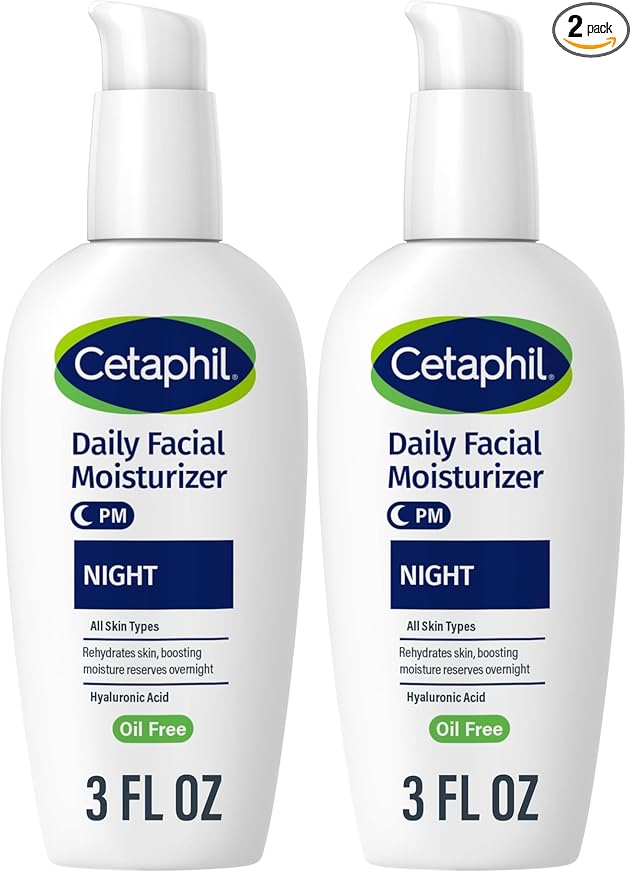 Cetaphil Night Moisturizer for Face, Hydrating Facial Moisturizer with Hyaluronic Acid, All Skin Types, Lightweight and Non-Comedogenic, Dermatologist Recommended for Sensitive Skin, 3oz (Pack of 2)