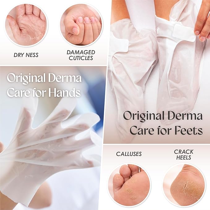 Innerest 12 PK Hand + Foot Mask Set (6 Hand + 6 Foot) Shea Butter Derma Beauty Moisturizing Gloves & Socks for Dry Cracked Hands and Feet, Pedicure Essential Self Care Gifts for Women