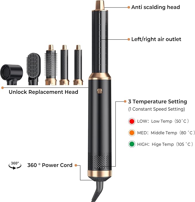 Blow Dryer Brush Set 5 in 1, Hot Air Styler Negative Ion Air Curling Wrap Air Curler Low Heat Hair Care, Round Brush Blow Dryer Hair Styling Tools Gift for Dry,Volumize,Straight,Curl, 110-120V