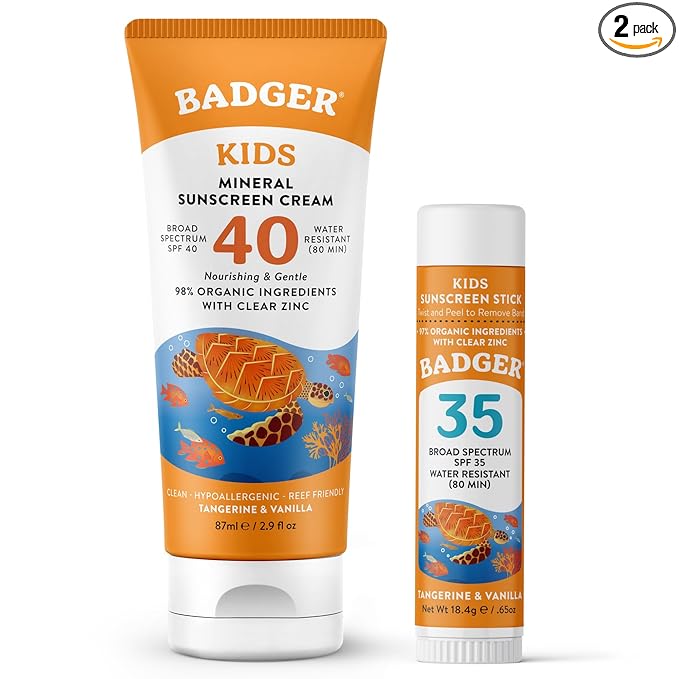 Badger Kids Mineral Sunscreen Combo, SPF 40 Cream + SPF 35 Kids Face Stick, 98% Organic Ingredients with Mineral Zinc Oxide, Water Resistant, Reef Safe Broad Spectrum, Tangerine & Vanilla Scent