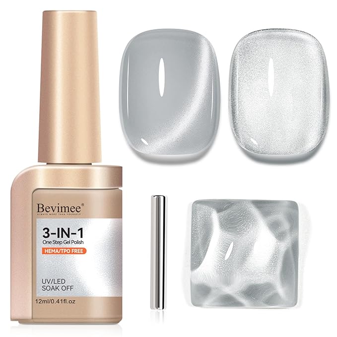 HEMA Free TPO Free Cat Eye Gel Nail Polish, 3-In-1 One Step Silver Cateye Gel Polish with Magnet, 12ml Glossy Glitter Magnetic Soak Off UV/LED Nail Art Gift
