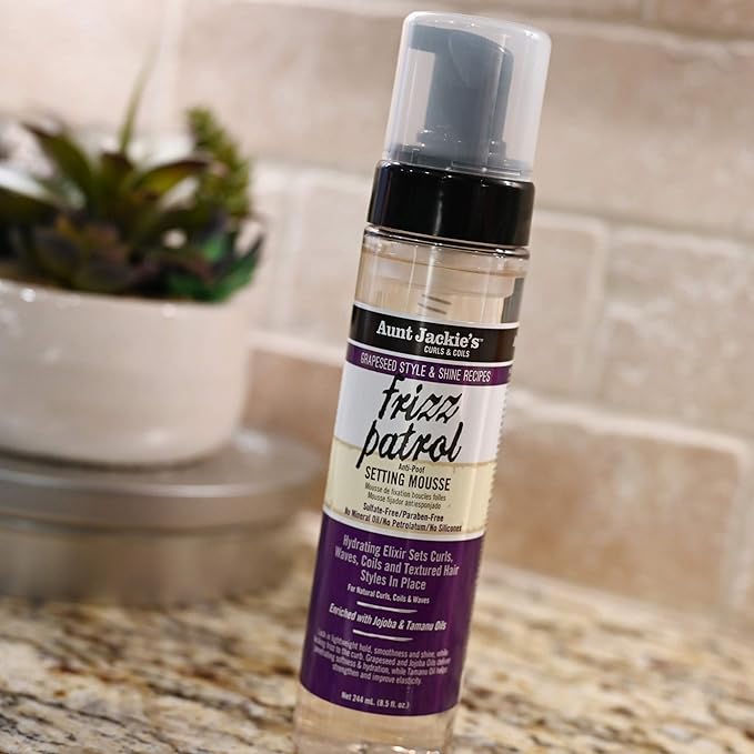 Aunt Jackie's Grapeseed Style and Shine Recipes Frizz Patrol Anti-Poof Setting Hair Mousse, Sets Curly Hair Styles in Place,Purple Fl.Oz 8.5 Ounce