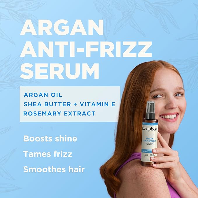 Soapbox Smoothing Argan Oil Serum, Controls Frizz & Adds Shine - Lightweight Anti Frizz Hair Serum with Shea Butter - Clean Ingredients Free of Harsh Chemicals, Sulfates, Parabens & Silicones - 5oz