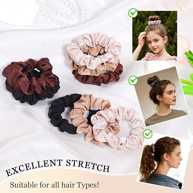 Ultra-Petite Satin Scrunchies for Women – 8PCS Neutral No Damage Hair Ties (Black, Blonde, Dark Brown, Light Brown) – No Crease, Frizz-Free, Gentle Elastic Bands for Day & Night, Perfect Gifts