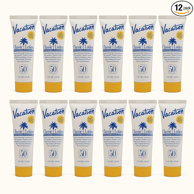 Vacation Mini Classic Lotion SPF 50, Water-Resistant, Mini Sunscreen Bulk Party Favor, Beach Must Haves, Traveling Essentials, Suntan Lotion Travel Size, 1 Fl. Oz. (Value Pack of 12)