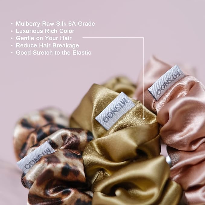MTSNOO Silk Scrunchies, 100% Pure 22 Momme Mulberry, 3 Pack, RoseGold+GoldLeopard+Gold, Hair Ties for Curly Hair, Elastic Band, Scrunchies Set for Women Girls