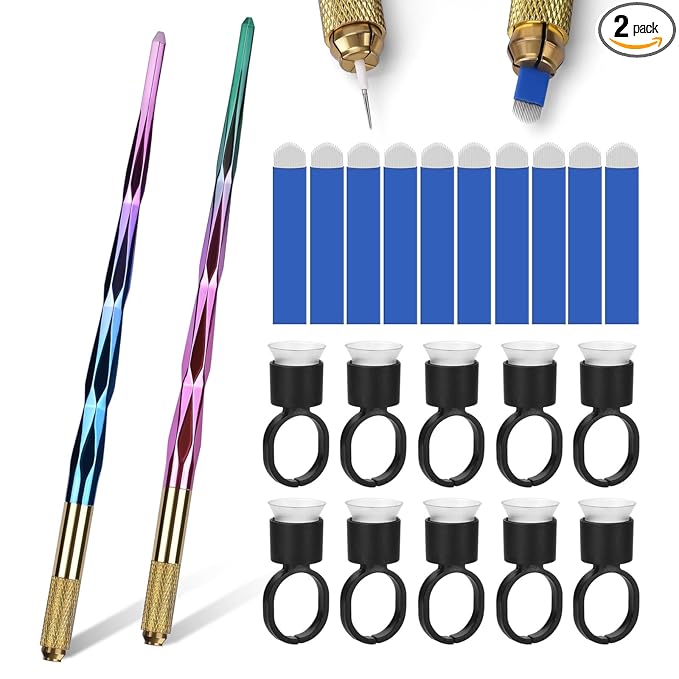 ATOMUS Microblading Pen Kit 2pcs Tattoo Eyebrow Lip Manual Pen 10pcs 18U Eyebrow Microblades 10pcs Pigment Holder with Sponge