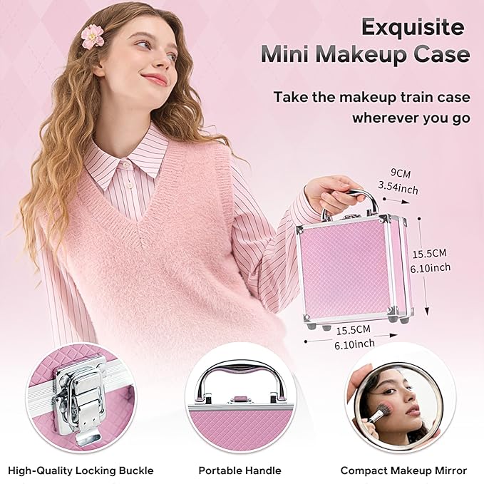 Color Nymph Beginner Makeup Kit For Teens With The Small Cosmetic Train Case Included 24-Colors Eyeshadow Palette Blushes Bronzer Highlighter Lipstick Brushes Mirror(Pink)