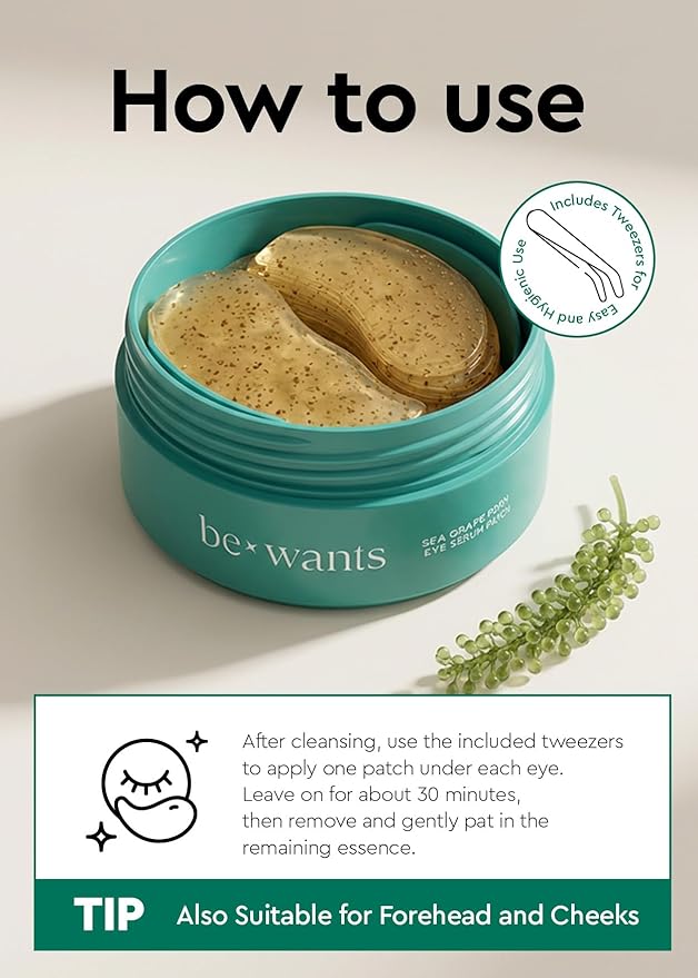bewants Sea Grape Vegan PDRN Eye Patches for Sensitive Skin | Formulated with Collagen, Green Tea, Ceramides and Pathenol | Hydrating & Firming Under Eye Mask