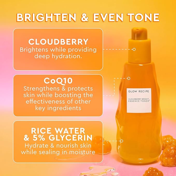 Glow Recipe Cloudberry Brightening Essence Toner, Korean Brightening Essence, Hydrating Rice Water + 5% Glycerin, CoQ10, Vitamin C & E, Barrier Support, Even Tone (75ml)