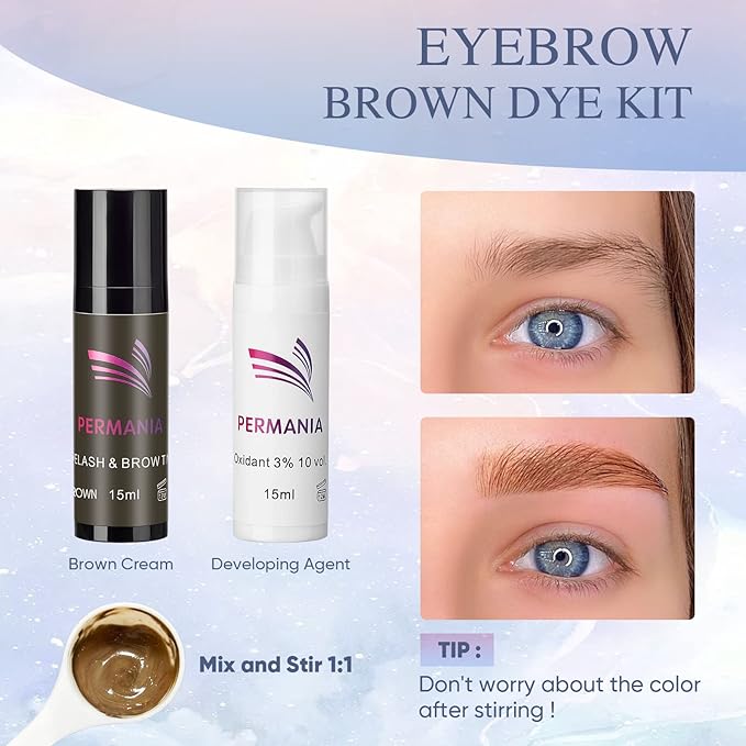 PERMANIA Brow Lamination with Brown Color Kit, Lash Lift & Eyebrow 4 IN 1 Brown Coloring Make Eyelash Perm Voluminous and Curl for Salon & Home Lasts up to 6 Weeks (Brown)