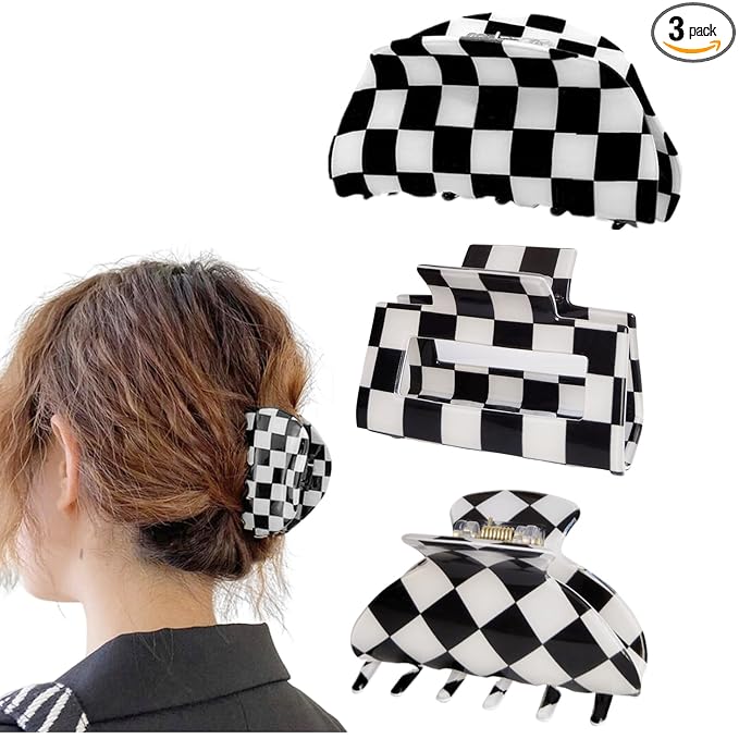 Womens Checkered Hair Clip Medium Checkered Claw Clips Black And White Jaw Clip,3pack