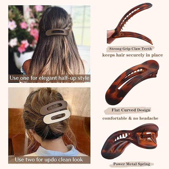 5 Pcs Flat Hair Clips, Medium Lay Flat Claw Clips for Women Girls,Strong Hold Non-slip Hair Claws for Thick Thin Hair(Matte Black&Tortoise Shell)