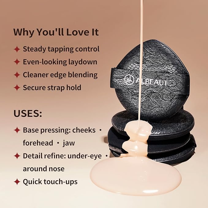 ALBEAUT Rubycell Cushion Puff, 6-Pack Teardrop Round Foundation Applicators for Cushion Makeup, Liquid & Cream Formulas, Lace-Detail PU Back with Elastic Strap, Precision Edge for Detail Tapping