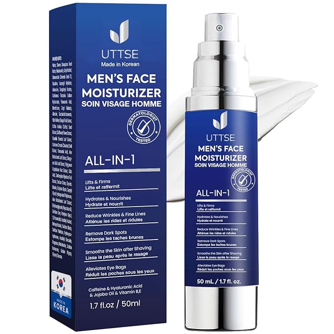 Uttse 6-in-1 Mens Face Moisturizer: Face Cream for Men - Reduce the Look of Eye Bags, Dark Circles, and Puffiness - Skin Care for Men - 1.7 fl oz - Made in Korea