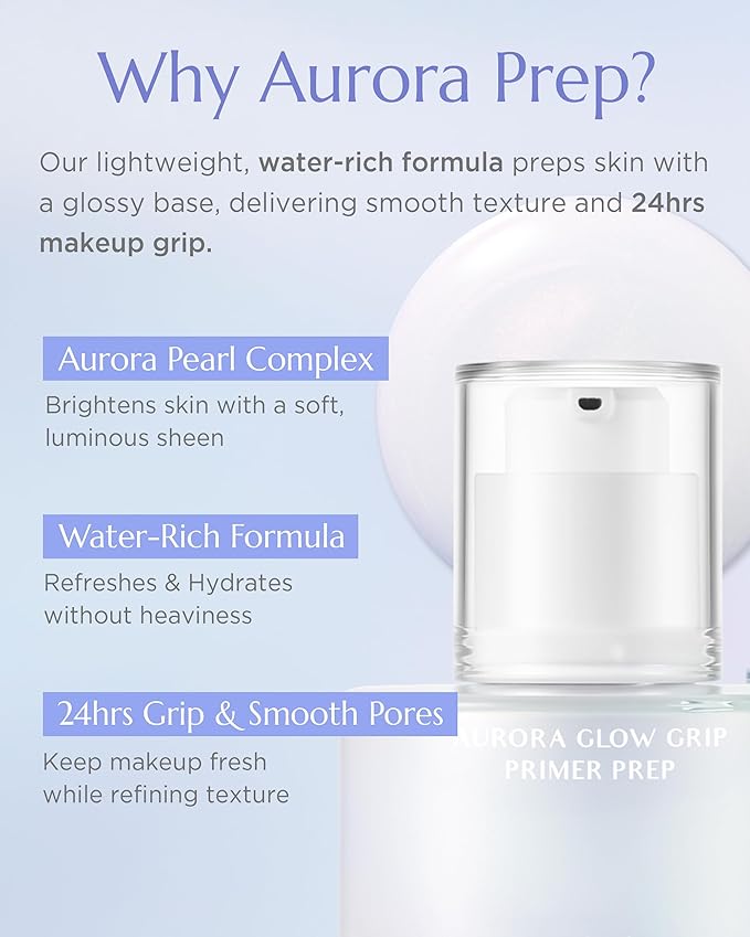 Aurora Glow Grip Primer Prep - Korean Illuminating Makeup Base for Radiant Skin - 8-Layer Hyaluronic Acid and Ceramides - Pore Minimizing, Sebum Control, Long Lasting Makeup, 1.01 fl.oz.