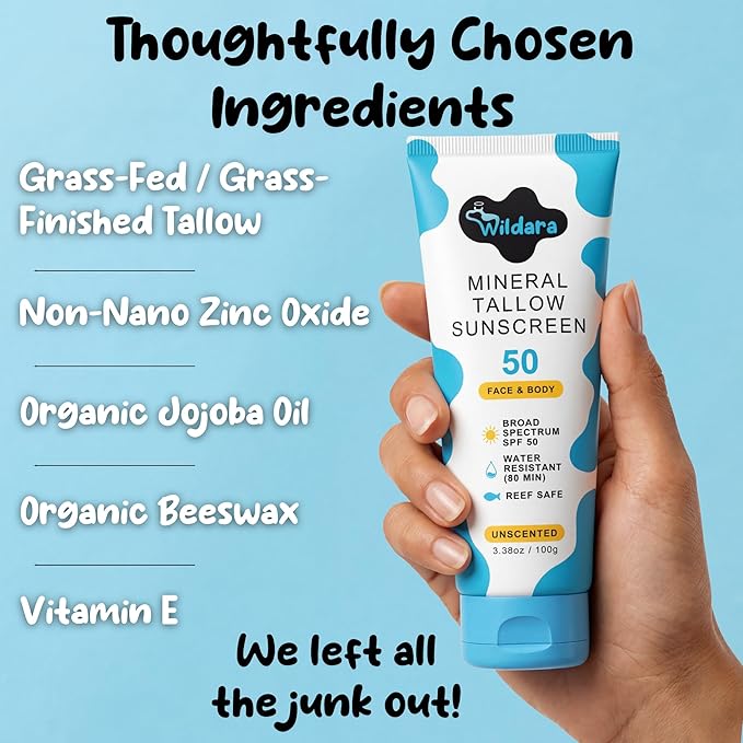 Beef Tallow Sunscreen SPF 50 – Mineral Sunscreen for Face & Body, Unscented, Reef Safe Sunscreen Lotion, Water Resistant, Zinc Oxide, Made in USA
